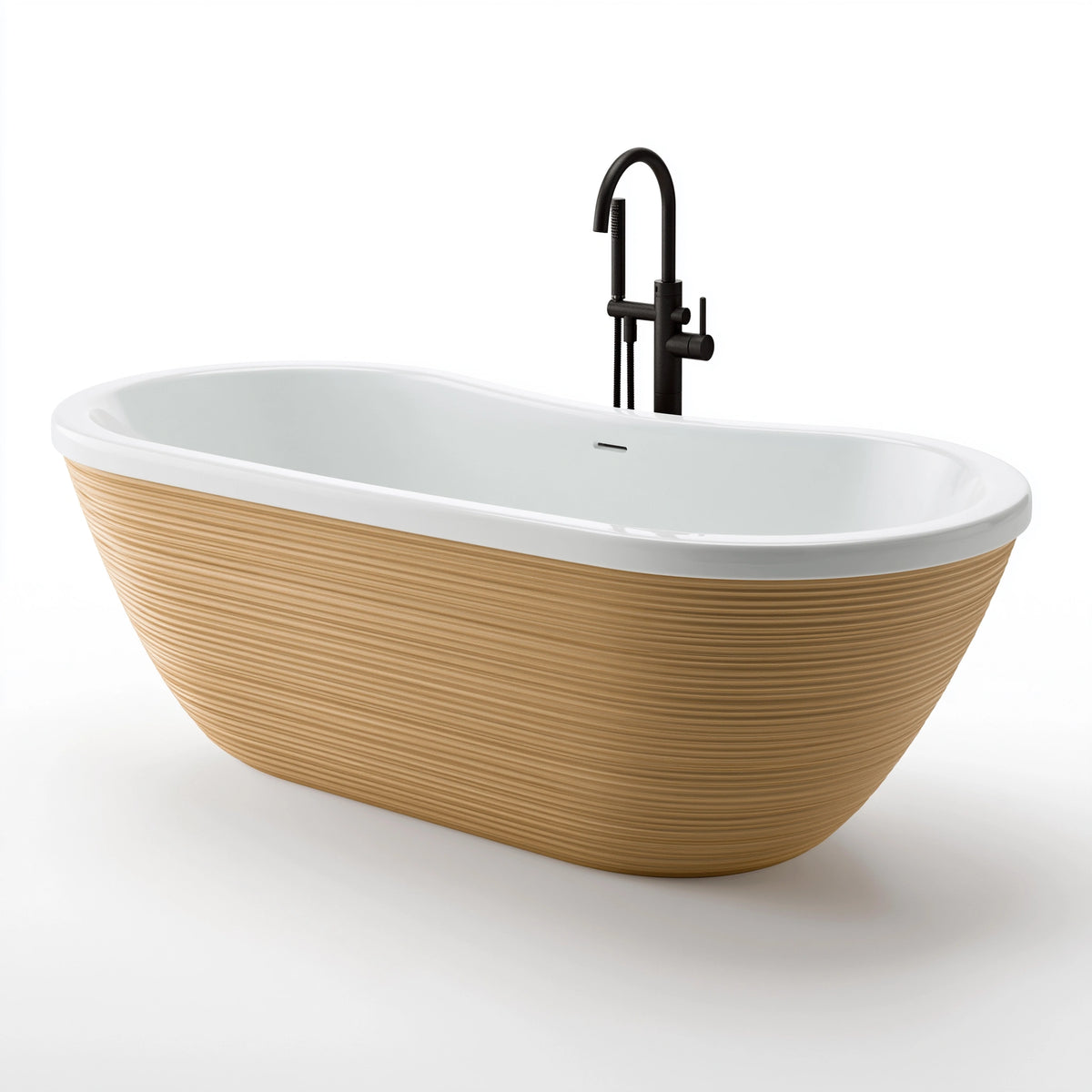Freistehende Badewanne 170 x 75 x 58 cm Acryl Weiß/Natur gerippte Holzoptik