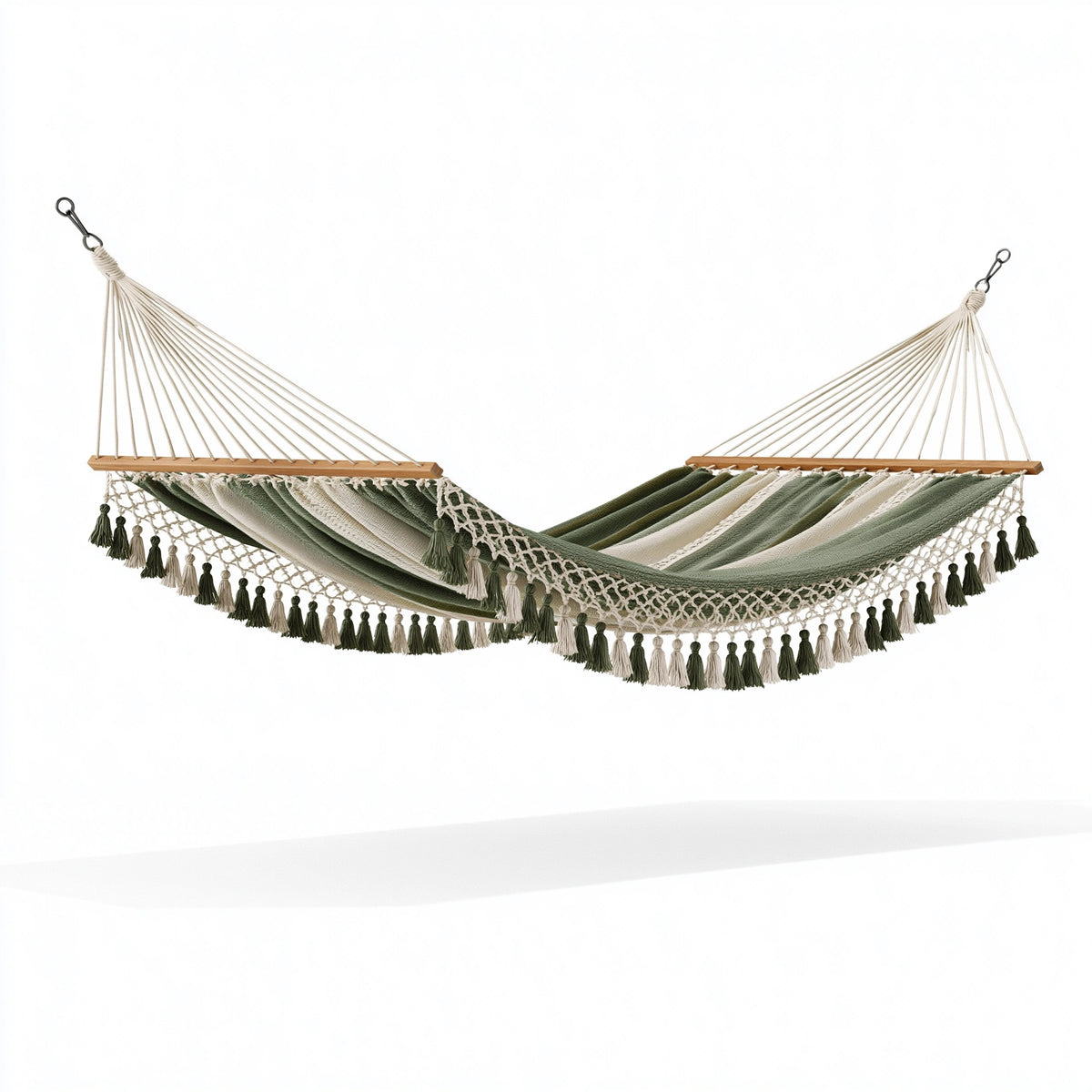 Hängematte 300 x 100 x 110 cm aus Textil in Grün Beige mit Holzstreben im Boho-Stil