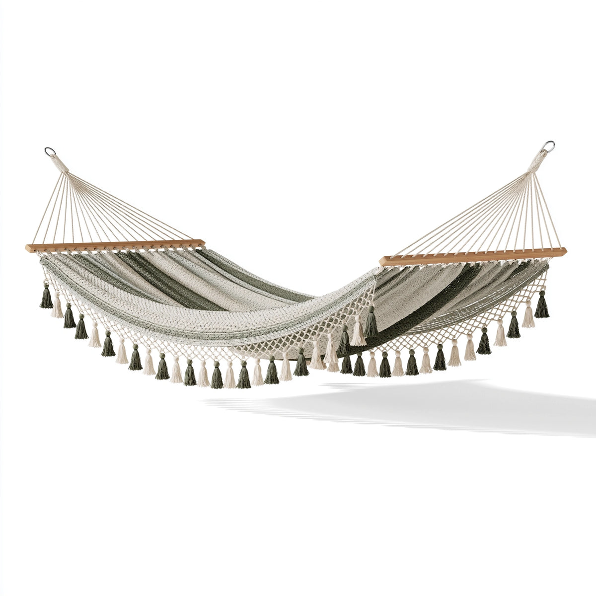 Hängematte 320 x 150 cm Textilgewebe Grün Creme mit Holzstäben im Boho-Stil