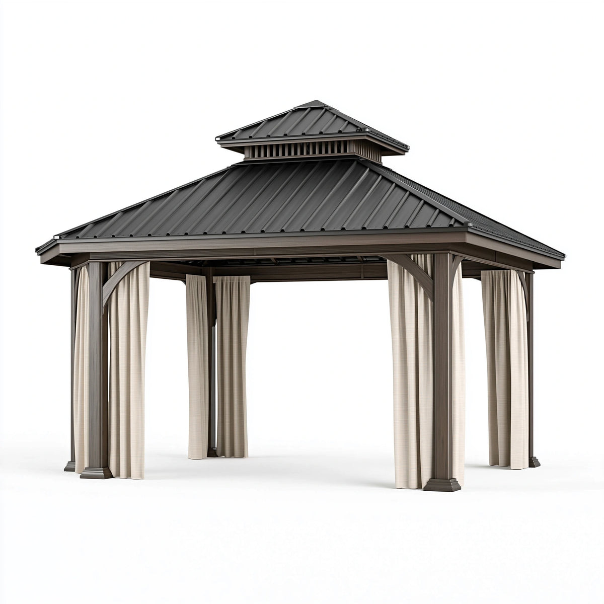 Gartenpavillon 300 x 300 x 300 cm aus Metall in Anthrazit mit Doppeldach und Vorhängen