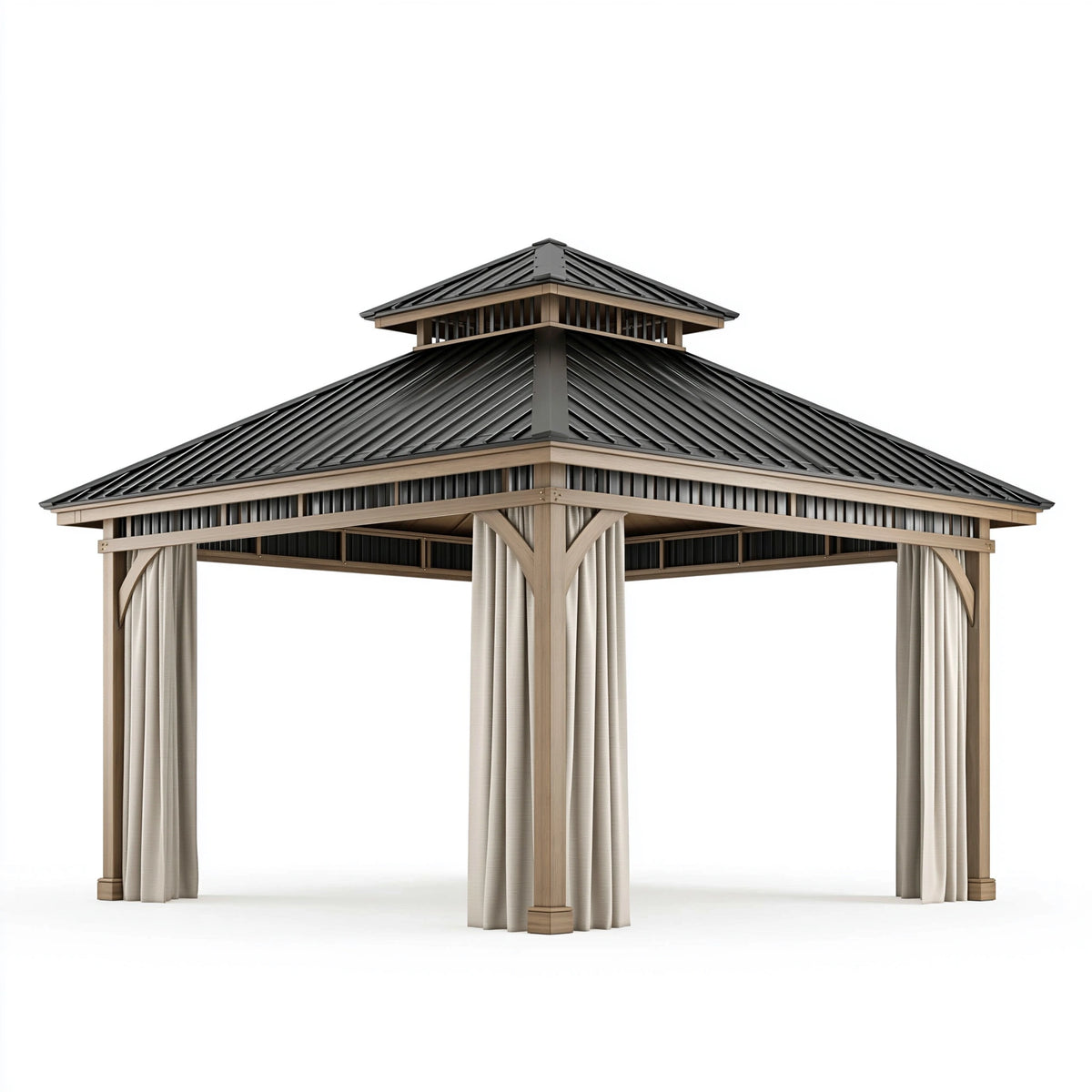 Gartenpavillon 400 x 400 x 320 cm Metall Beige Schwarz mit Vorhängen und Doppeldach