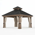 Gartenpavillon 400 x 400 x 360 cm Holz Metall Beige Schwarz mit Vorhängen