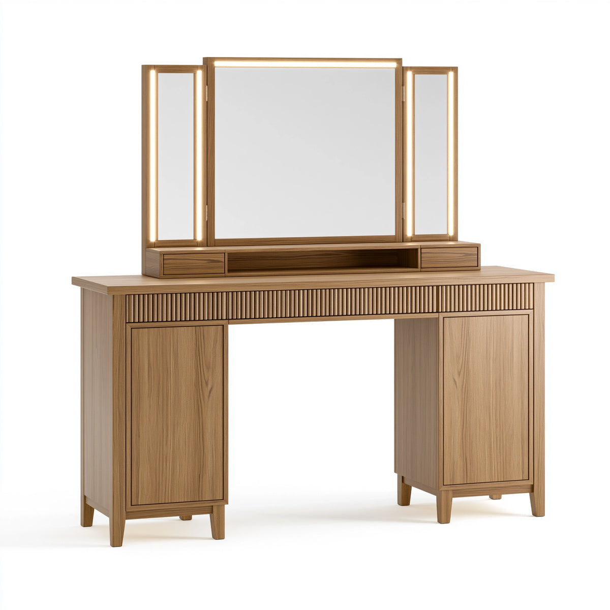 Schminktisch-Set 140 x 50 x 145 cm Holz Braun mit LED-Dreifachspiegel und Stauraum