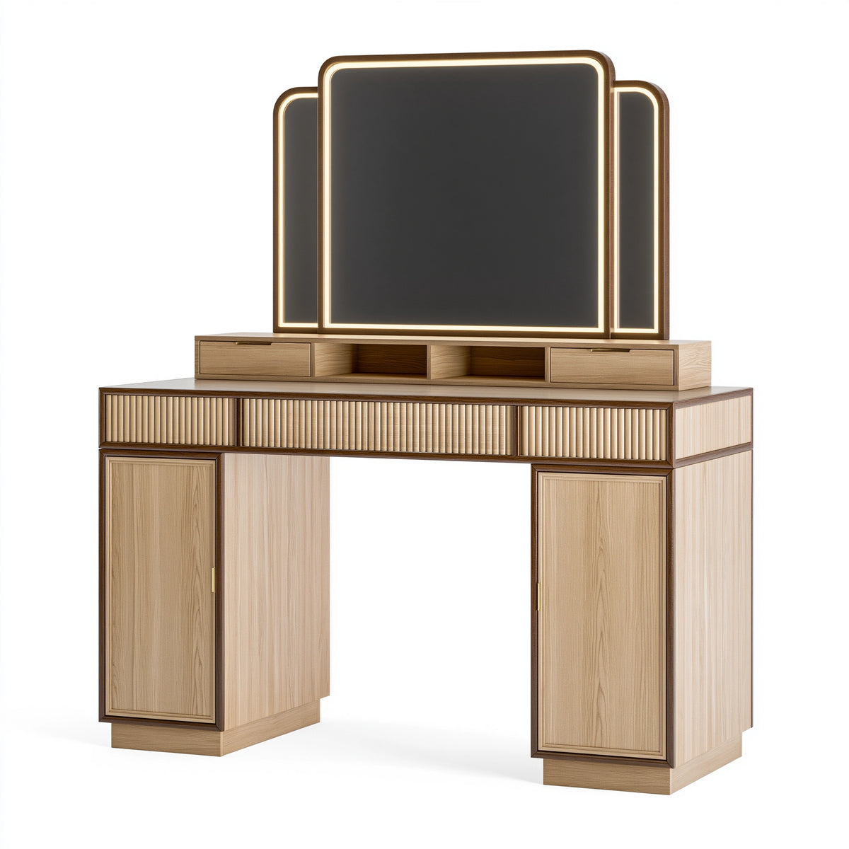 Schminktisch-Set 160 x 50 x 150 cm Holzoptik Beige/Braun mit beleuchtetem Dreifachspiegel