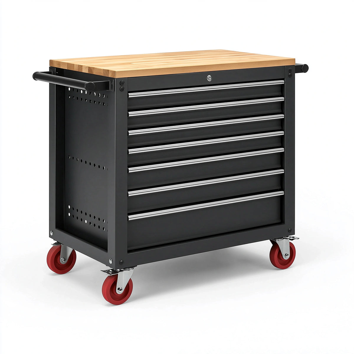 Werkzeugwagen 77 x 46 x 97 cm aus Stahl Schwarz mit Holzarbeitsplatte und 7 Schubladen